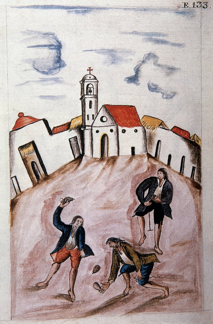 Młodzi Indianie bawiący się bączkiem, z książki „Trujillo del Peru” lub „Kodeks Martinez Companion”, autorstwa Baltazara Martineza Companion i Bujandy, biskupa Trujillo (1782-1785) autorstwa Unknown artist