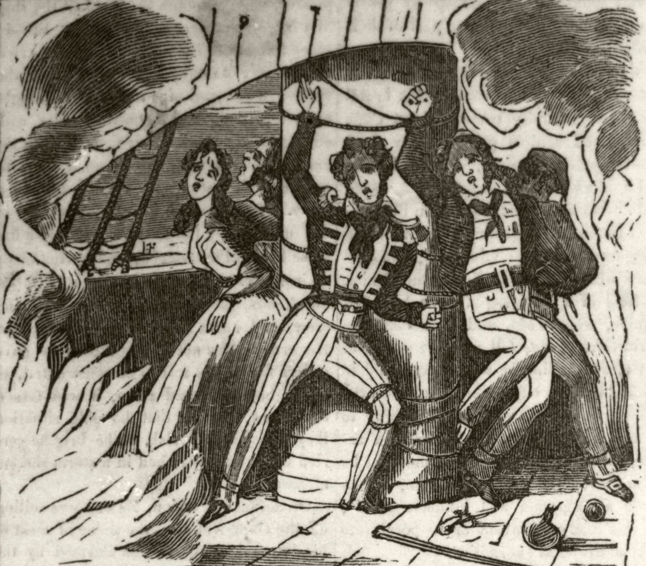 Zampa, korsarz algierski: „Kapitan, młoda dama i część załogi angielskiego statku, przywiązana do głównego masztu i spalona”, ok. 1836 autorstwa Unknown artist