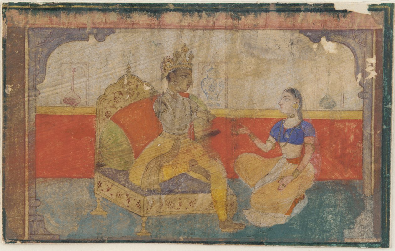 <em>Kochanek (Kryszna) w rozmowie z posłańcem ukochanej</em> z <em> Rasikapriyi </em> autorstwa Unknown artist