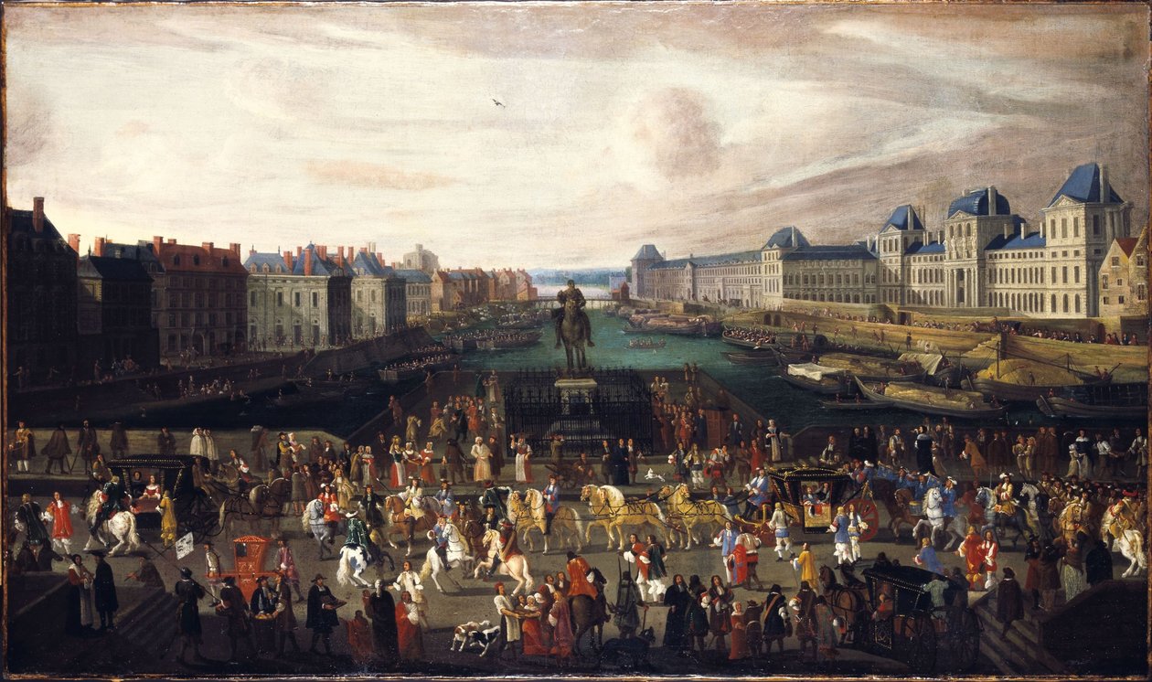 Pont-Neuf widziany z wejścia na Place Dauphine, Quai Malaquais z Collège des Quatre-Nations w budowie, Grande Galerie i Luwr, około 1665 roku. Przejście procesji przez most, między 1665 a 1669 r. (olej na płótnie) autorstwa Unknown artist