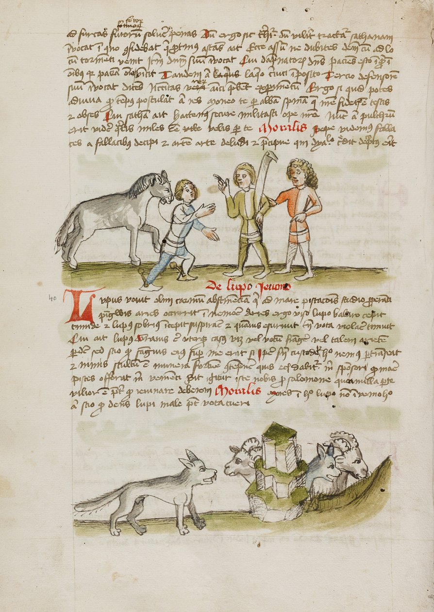 Mężczyzna prowadzący konia do dwóch innych mężczyzn; Wilk przed stadem owiec i baranów autorstwa Unknown artist/maker