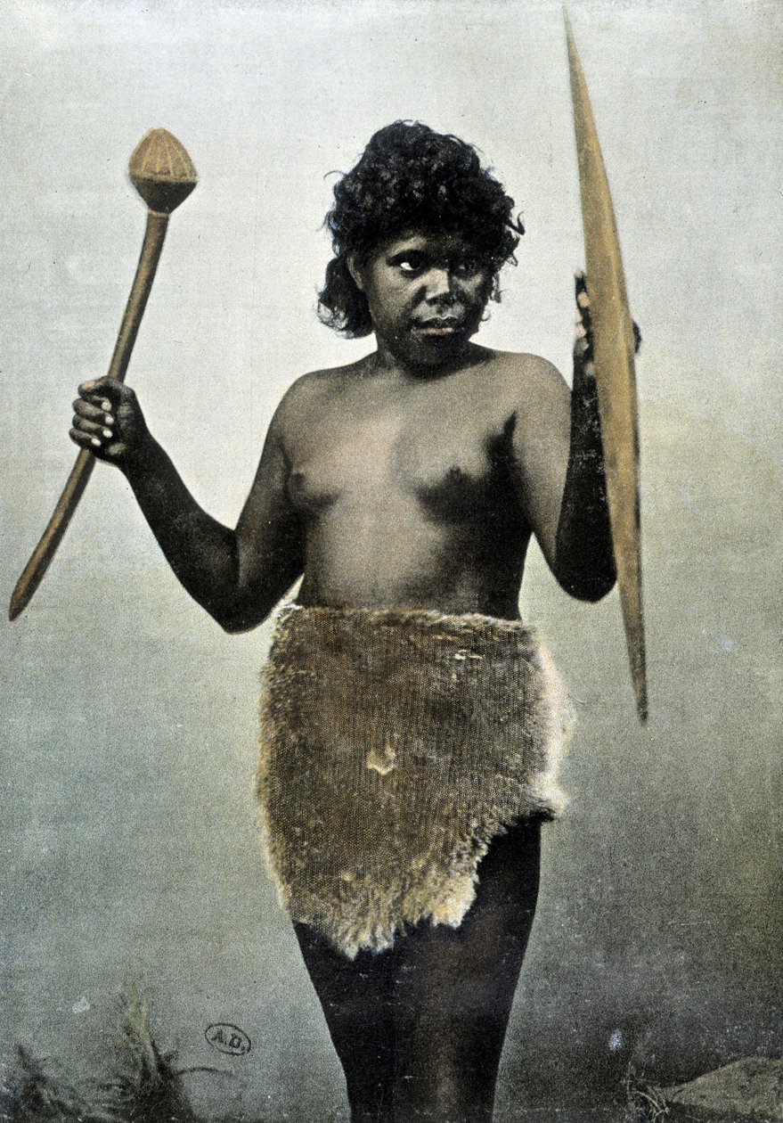 Żona australijskiego Aborygena odpowiedzialna za ramiona męża - autochrome autorstwa Unknown photographer