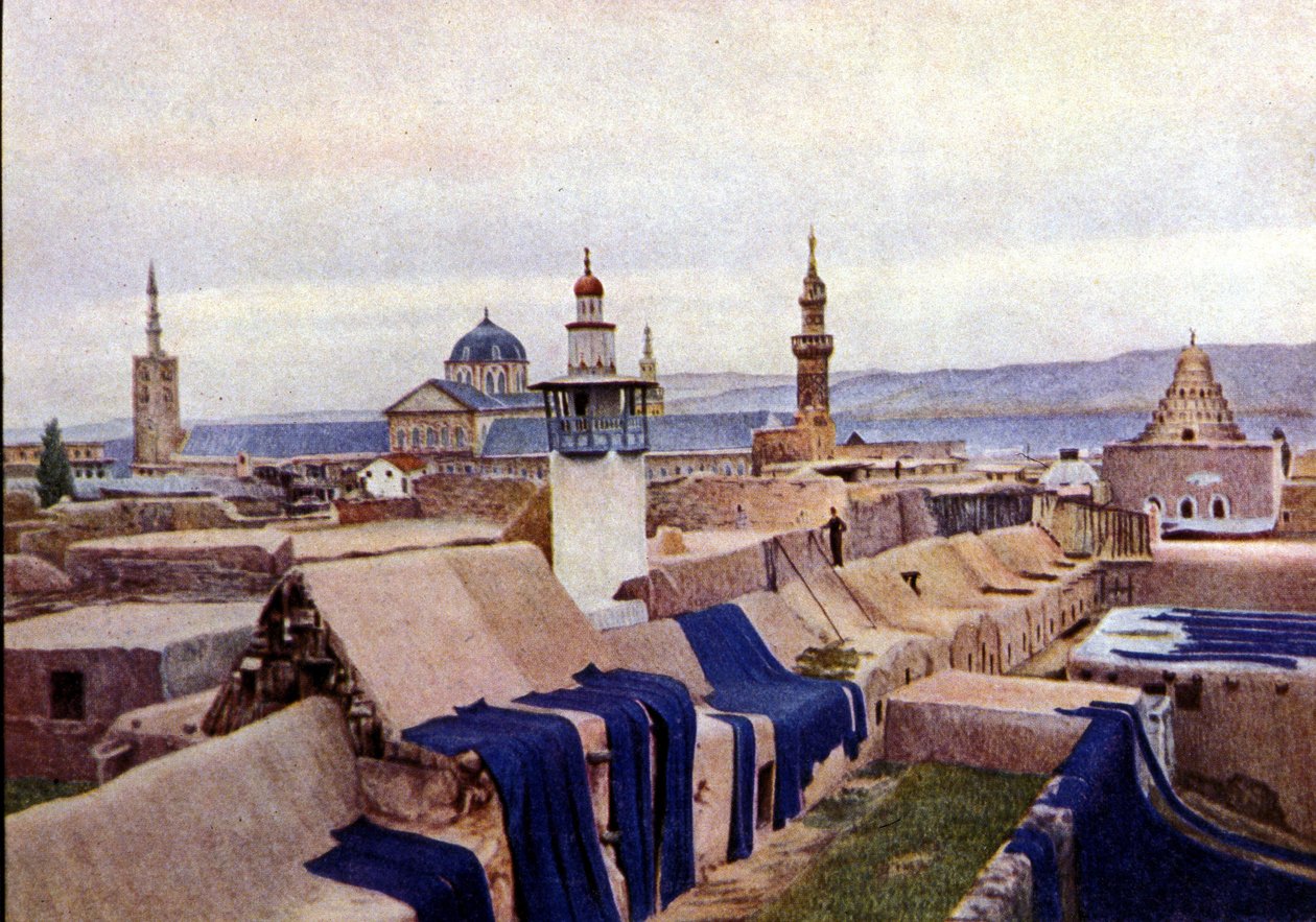 Niebieskie tkaniny bawełniane suszone na dachach farbiarzy w Damaszku (Syria). autorstwa Unknown photographer