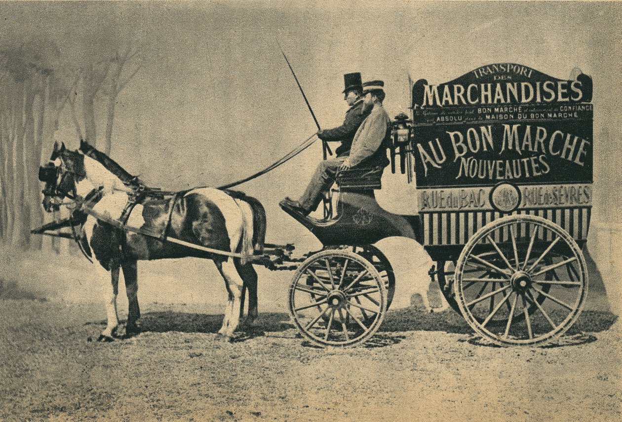 Dostawa samochodu konnego ze sklepu „Au Bon Marche” w Paryżu, rue du Bac i rue de Sevres. Fotografia, koniec XIX wieku, Paryż. Dz. Selva. autorstwa Unknown photographer