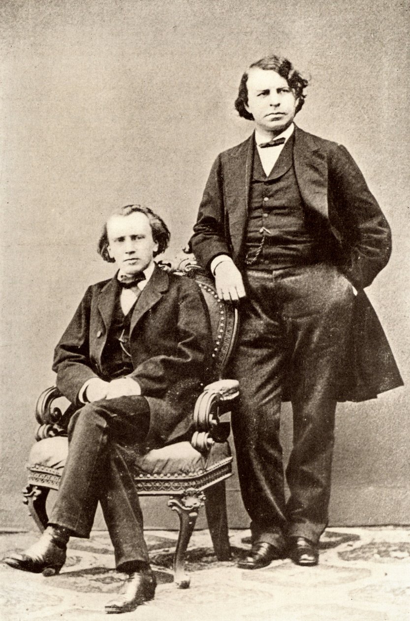 Johannes Brahms (1833-1897), niemiecki kompozytor, siedzi z Josephem Joachimem (1831-1907), węgierskim skrzypkiem i kompozytorem oraz dyrektorem Konserwatorium Berlińskiego. Półton z fotografii (druk) autorstwa Unknown photographer