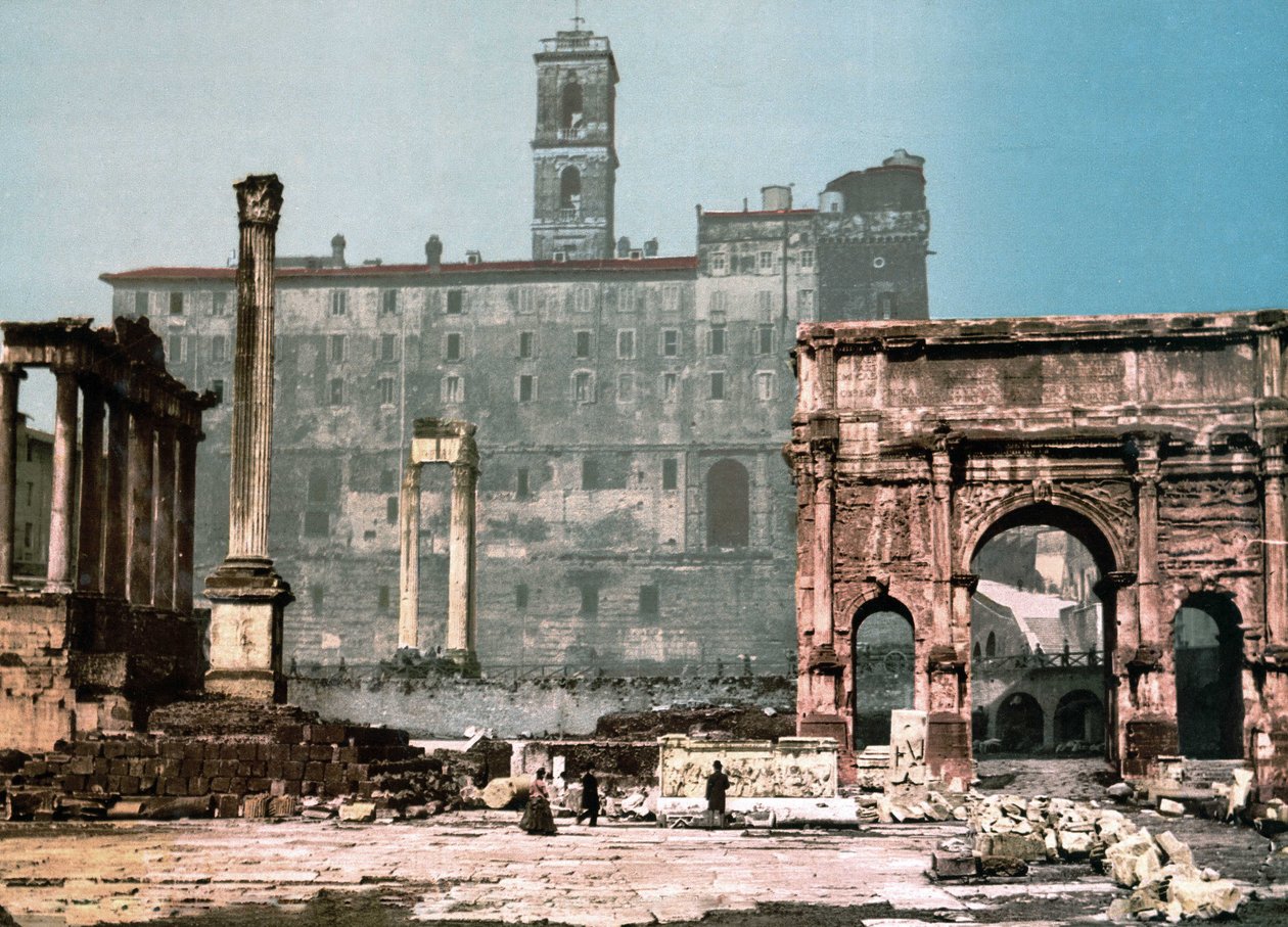 Rzym. Świątynia Saturna i Łuk Settimo Severo. fotochrom sd. około 1900 roku. autorstwa Unknown photographer