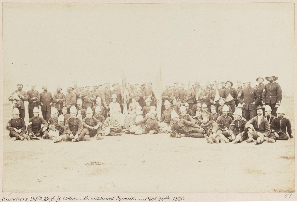 „Ocaleni 94. Regt & Colours, Bronkhurst [sic] Spruit. - 20 grudnia 1880’, Pretoria, Wojna Transwalska (1880-1881), 5 kwietnia 1881 (zdjęcie czarno-białe) autorstwa Unknown photographer