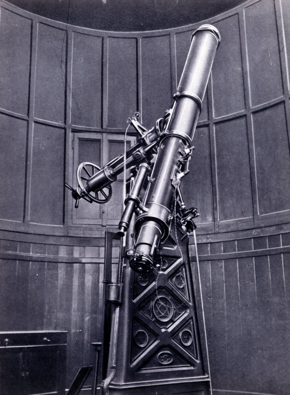 Teleskop astrofizyka Giovanniego Virginio Schiaparelli (1835-1910) w Brerze (Mediolan). Zaobserwował prostoliniowe konfiguracje na planecie Mars, nazywając je kanałami marsjańskimi (canali). autorstwa Unknown photographer