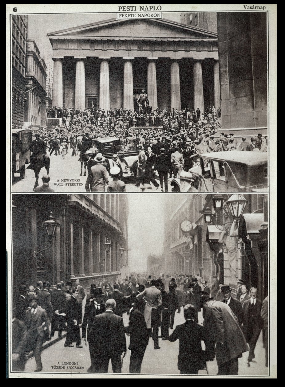 U góry: Czarne dni na Wall Street; u dołu: Giełda Papierów Wartościowych w Londynie w czasie krachu w 1929 r., z filmu "Pesti Naplo". autorstwa Unknown photographer