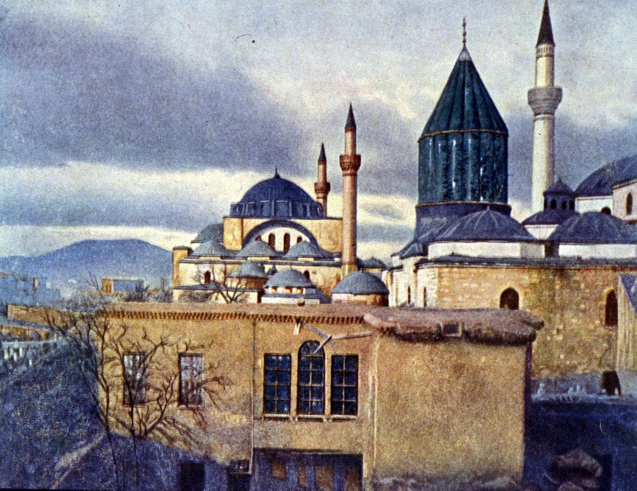Widok na Mauzoleum Mevlany w Konyi (Turcja). Mevlana Celaleddin Rumi jest założycielką Zakonu Przemieniających Derwiszów. Autochrom autorstwa Unknown photographer
