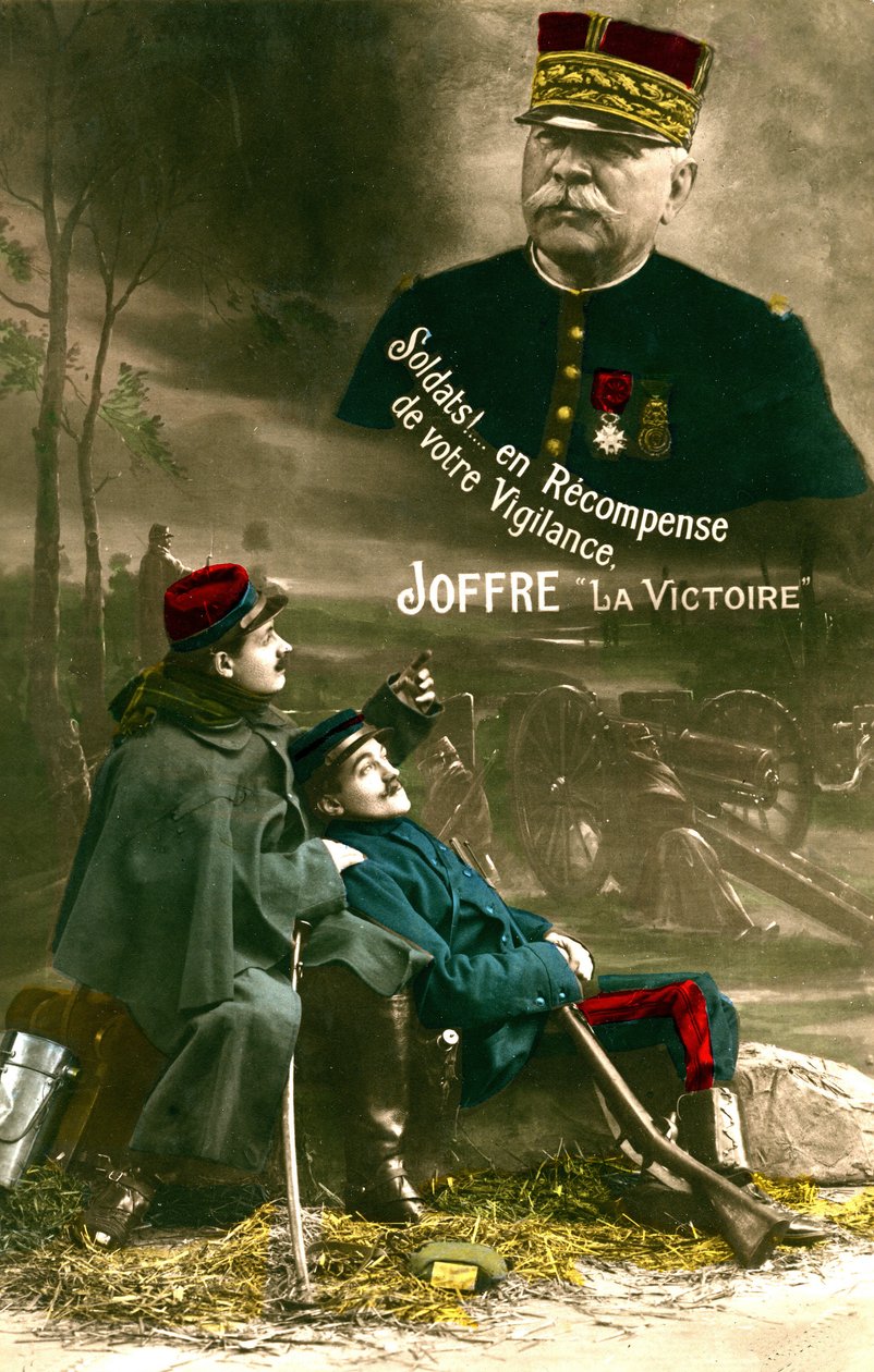 Pocztówka z I wojny światowej, Marechal Joseph Joffre zwracający się do "poilus": "Żołnierze! w nagrodę za waszą czujność, Zwycięstwo". (zdjęcie) autorstwa Unknown photographer