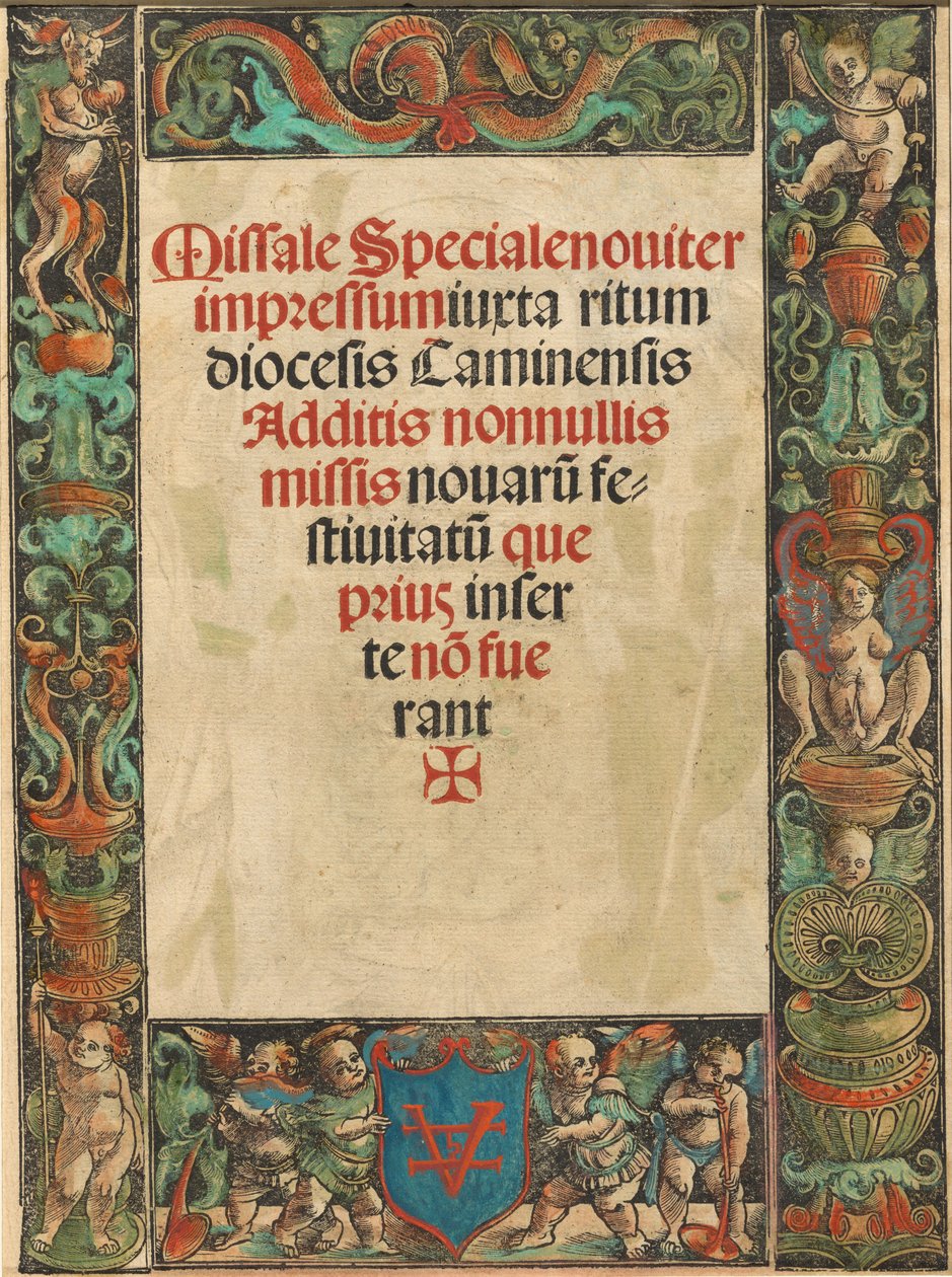 Strona tytułowa do Mszału, z obramowaniem Satyra i Puttiego [verso], ok. 1930. 1511. autorstwa Urs Graf