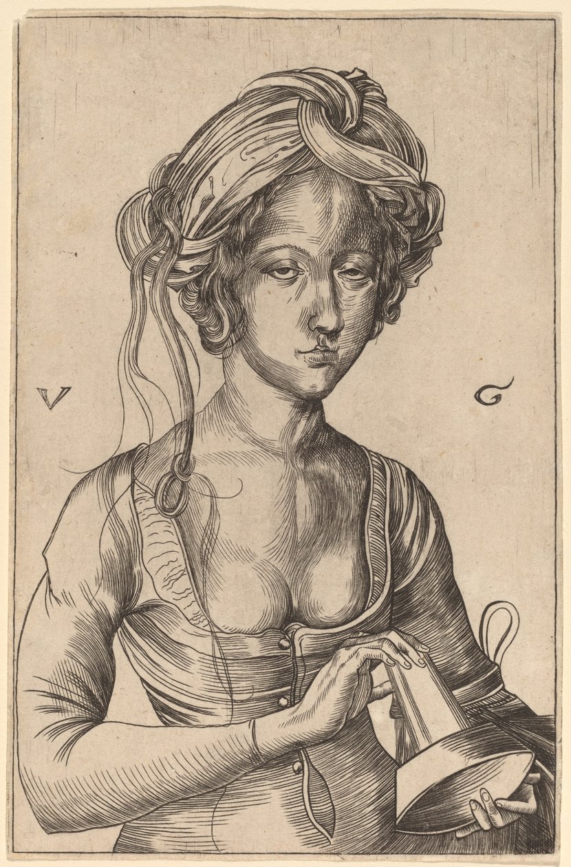 Popiersie głupiej dziewicy trzymającej odwróconą lampę autorstwa Urs Graf I after Martin Schongauer