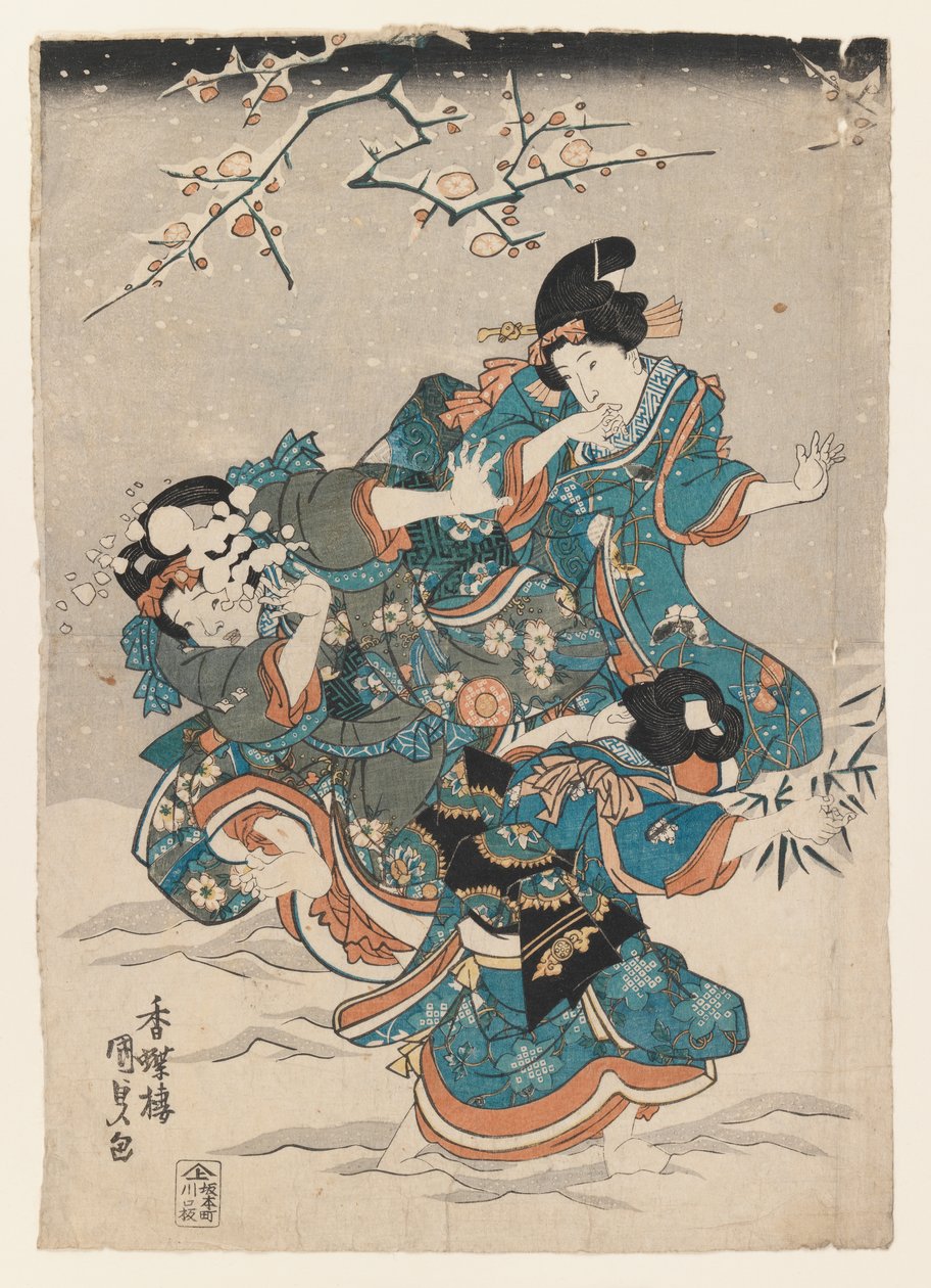 Scena śnieżna (kolorowy drzeworyt) autorstwa Utagawa 1786 1864 Kunisada