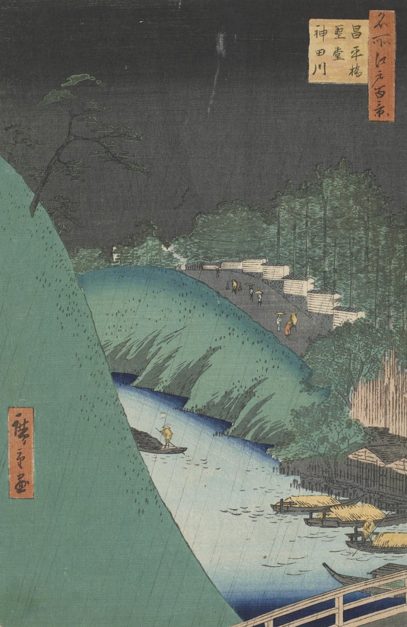 Deszcz w sali Seido i moście Shohei nad rzeką Kanda autorstwa Utagawa Hiroshige