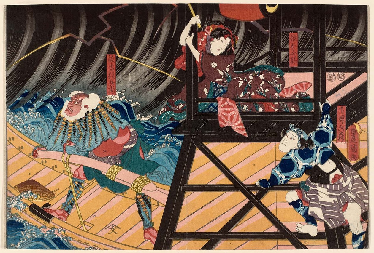 Aktorzy Ichikawa Kuzo II jako sługa Genan Rokuzo R, Iwai Kumesaburo III jako córka Musume Ofune C i Ichikawa Ebizo V jako przewoźnik Watashimori Tonbei L autorstwa Utagawa Kunisada
