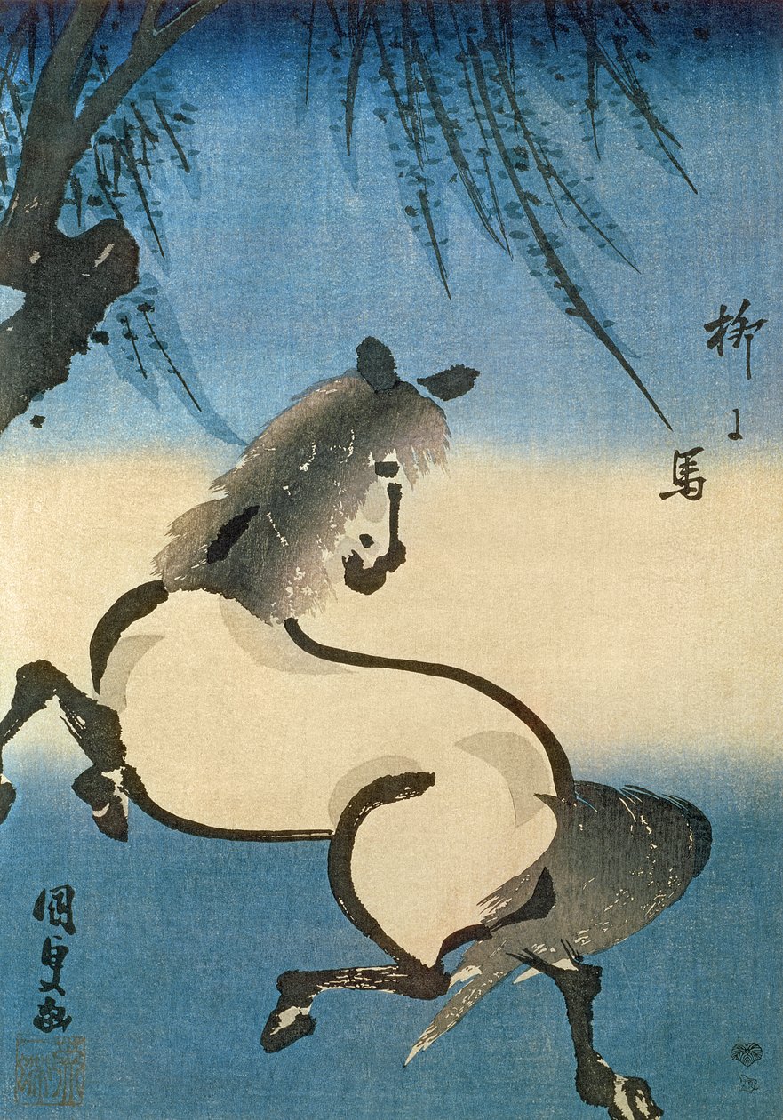 Koń galopujący pod wierzbą, (drzeworyt kolorowy) autorstwa Utagawa Kunisada