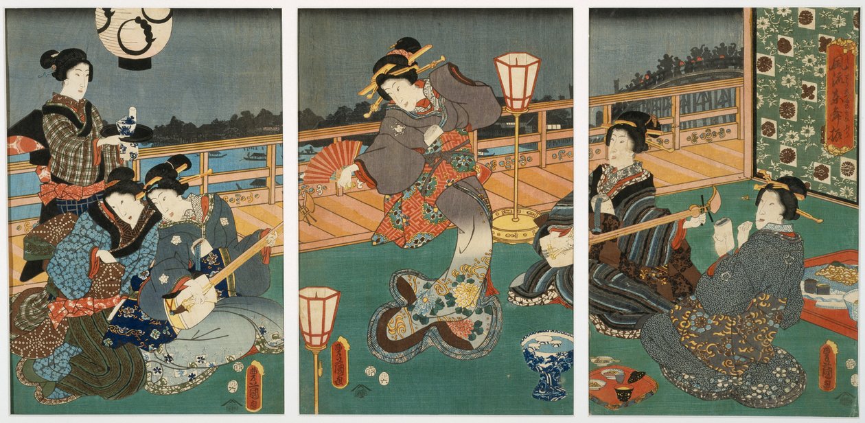 Kurtyzany Zabawne, tryptyk, poł. XIX w. (drewno na papierze morwowym) autorstwa Utagawa Kunisada