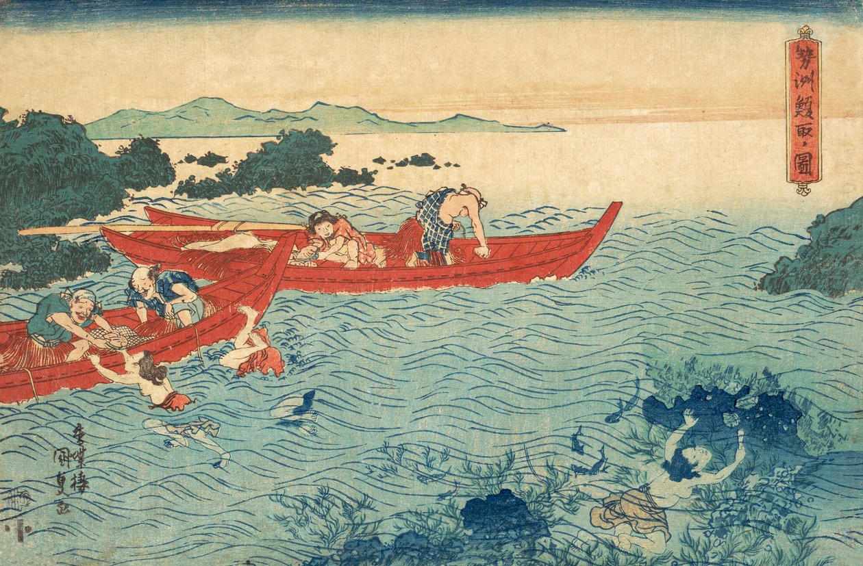 Łowienie Abalone, wyd.1840 autorstwa Utagawa Kunisada
