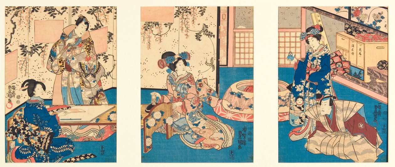 Tusz szlifierski do napisania listu z odpowiedzią, inspirowany Inaka Genji, 1851 (drzew) autorstwa Utagawa Kunisada