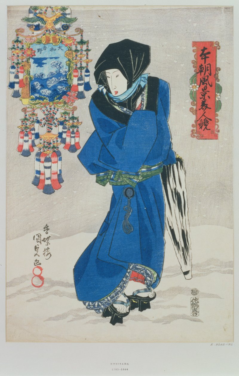 Japonka w śniegu (kolorowy drzeworyt) autorstwa Utagawa Kunisada