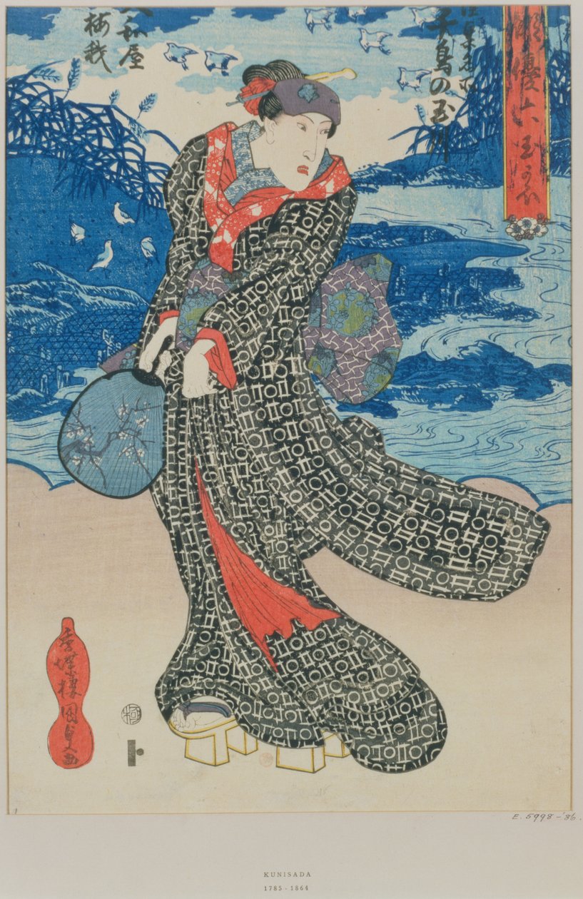 Japonka nad morzem (kolorowa odbitka w technice woodblock) autorstwa Utagawa Kunisada
