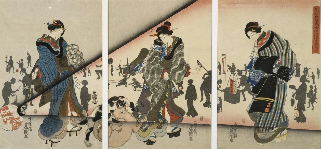 Scena nocna z dziewczynami, zwierzętami i latarniami autorstwa Utagawa Kunisada