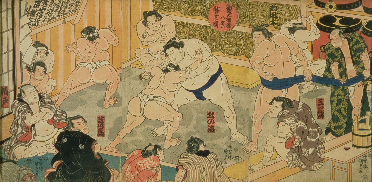 Jeden z ośmiu widoków Kanjin Sumo, wyd. Tsutaya, XIX wiek, (tryptyk, rozmiar oban, kolorowy drzeworyt) autorstwa Utagawa Kunisada