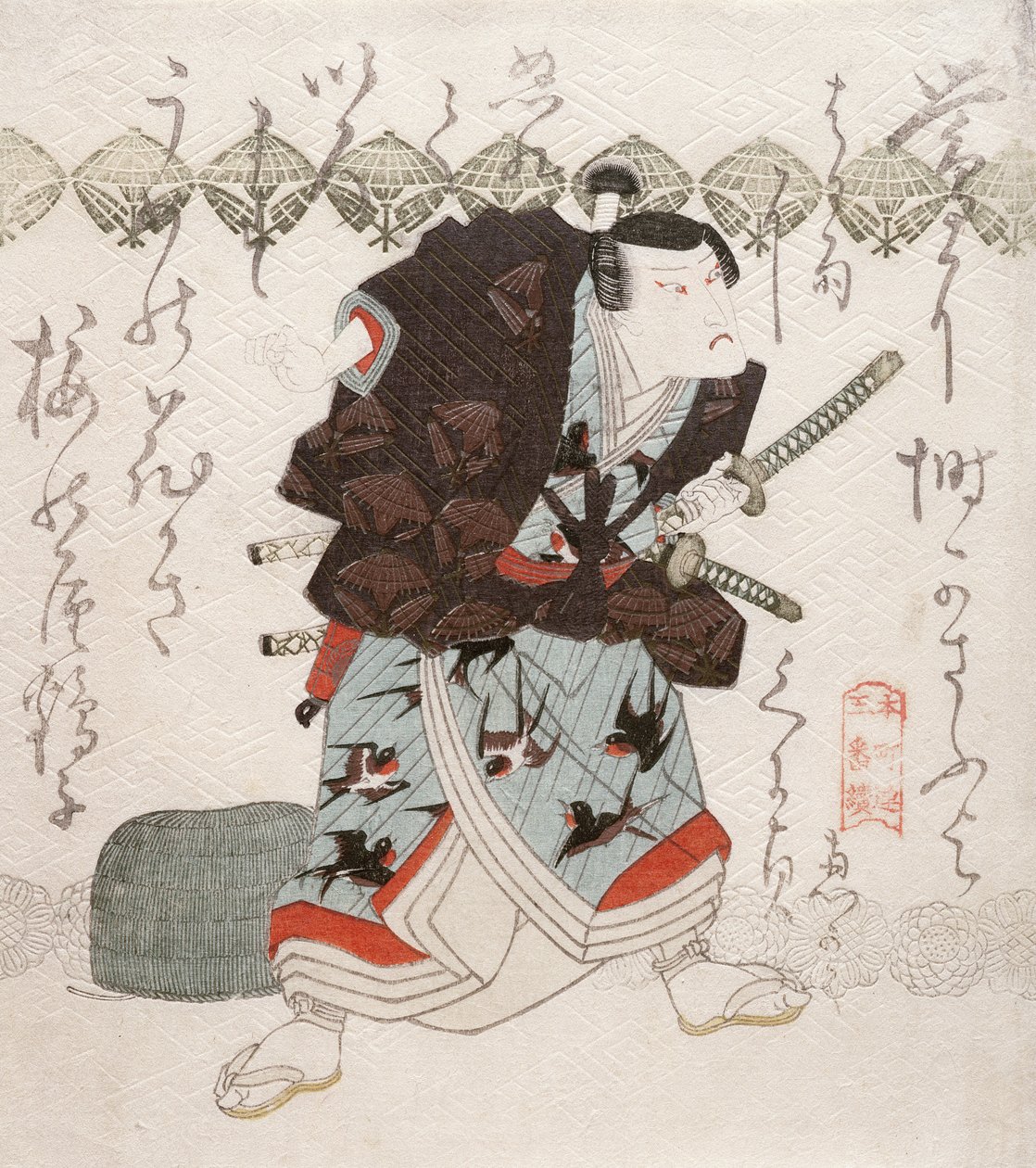 Onoe Kikugoro III jako Nagoya Sanza w scenie Saya-ate (zderzanie się pochwy), ok. 1827-30 (kolorowy drzeworyt) autorstwa Utagawa Kunisada