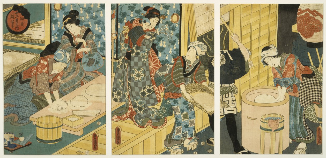 Przygotowania do Nowego Roku (Pounding Mochi), połowa XIX w. (drewnodruk, tryptyk) autorstwa Utagawa Kunisada