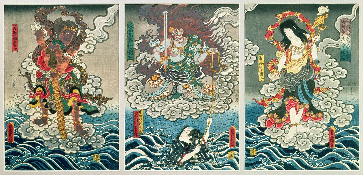 Aktor Ichikawa Ebizo V jako bóstwo Fudo Myoo ratujące Ichikawę Danjuro VIII jako Honcho-maru TsunagoroHiranoya Tokubei w towarzystwie innych aktorów jak Seitaka-Doji i Kongara-Doji, ok.1850 (kolor) autorstwa Utagawa Kunisada