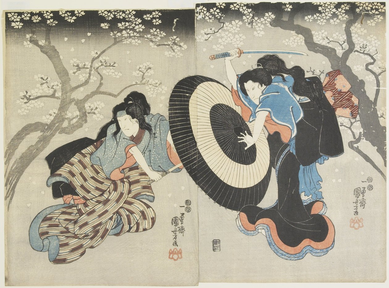 (Dwie kobiety walczące pod drzewem wiśni, scena z przedstawienia kabuki), 1847-1852 autorstwa Utagawa Kuniyoshi