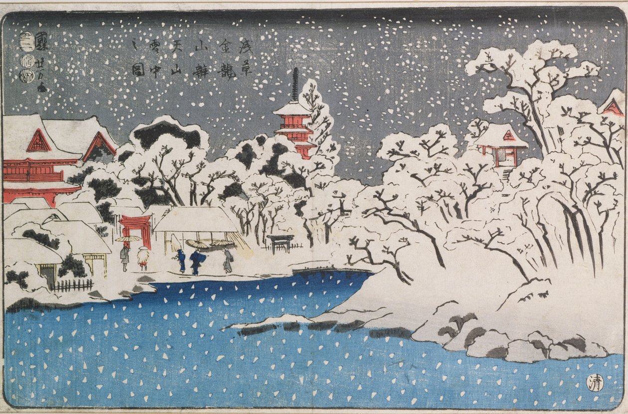 Burza śnieżna w świątyni Kinryuzan (kolorowy drzeworyt) autorstwa Utagawa Kuniyoshi