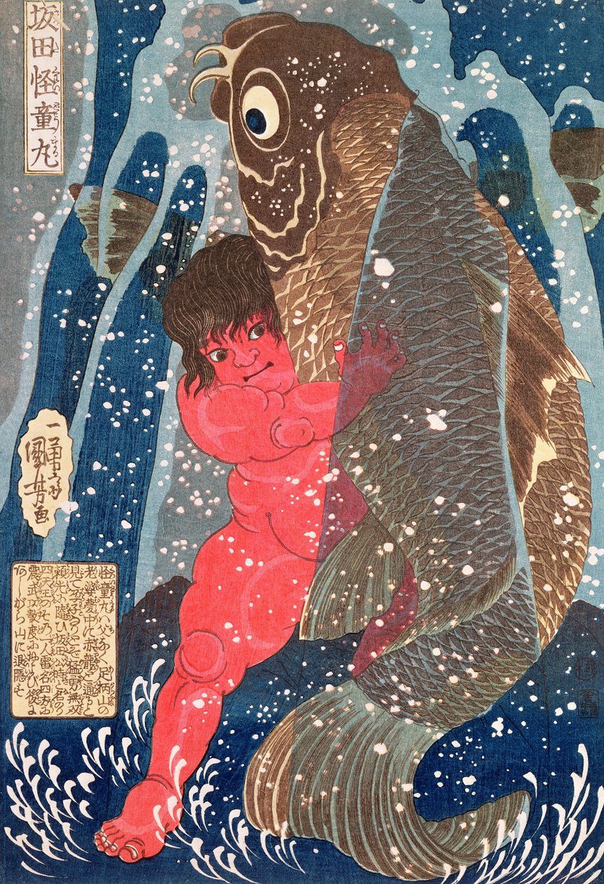 Kintoki Swims up the Waterfall (drewnodruk) (zobacz także 100501) autorstwa Utagawa Kuniyoshi