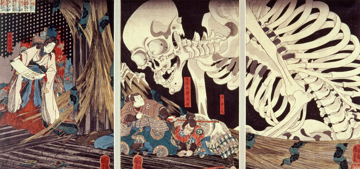 Mitsukuni Defying the Skeleton Spectre, ok.1845 (ręcznie barwiony drzeworyt) autorstwa Utagawa Kuniyoshi