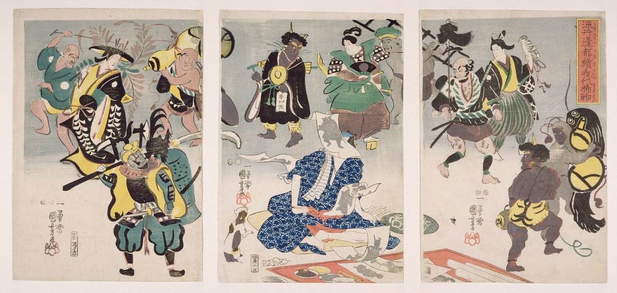 Tryptyk Otsu-e Paintings Coming Alive, ok. 1847-52 (drewnodruk) autorstwa Utagawa Kuniyoshi
