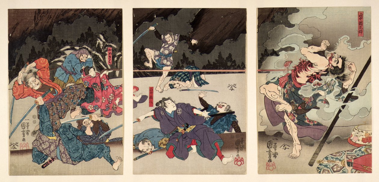 P.216-1955 Śmierć Yamanaki Dankuro, tryptyk (drewnodruk) autorstwa Utagawa Kuniyoshi