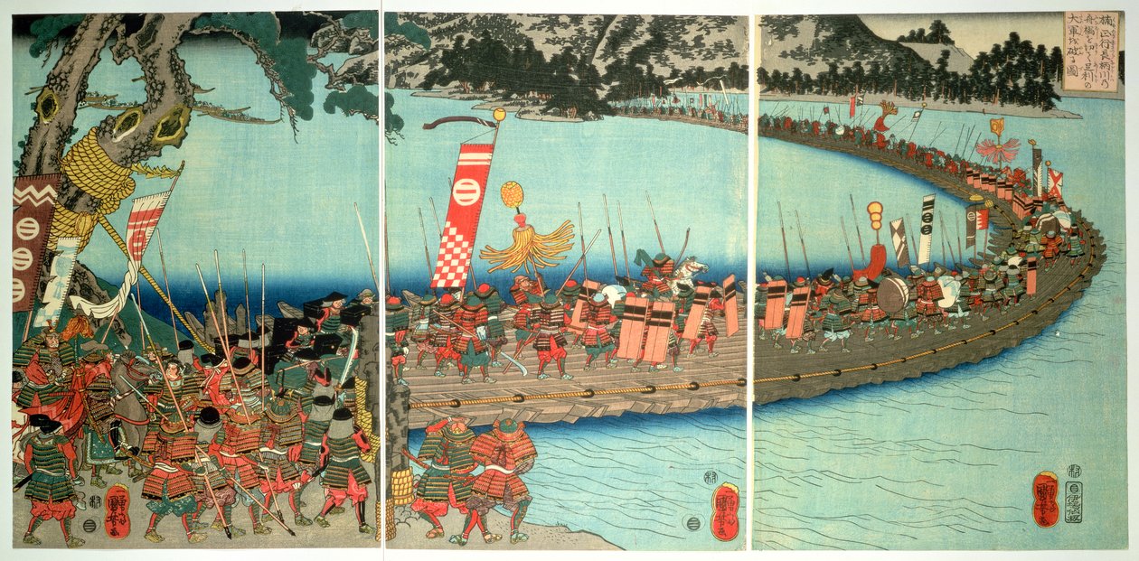 Most łodzi w bitwie pod Nagaragawą, ok. 1844, (kolorowy drzeworyt) autorstwa Utagawa Kuniyoshi