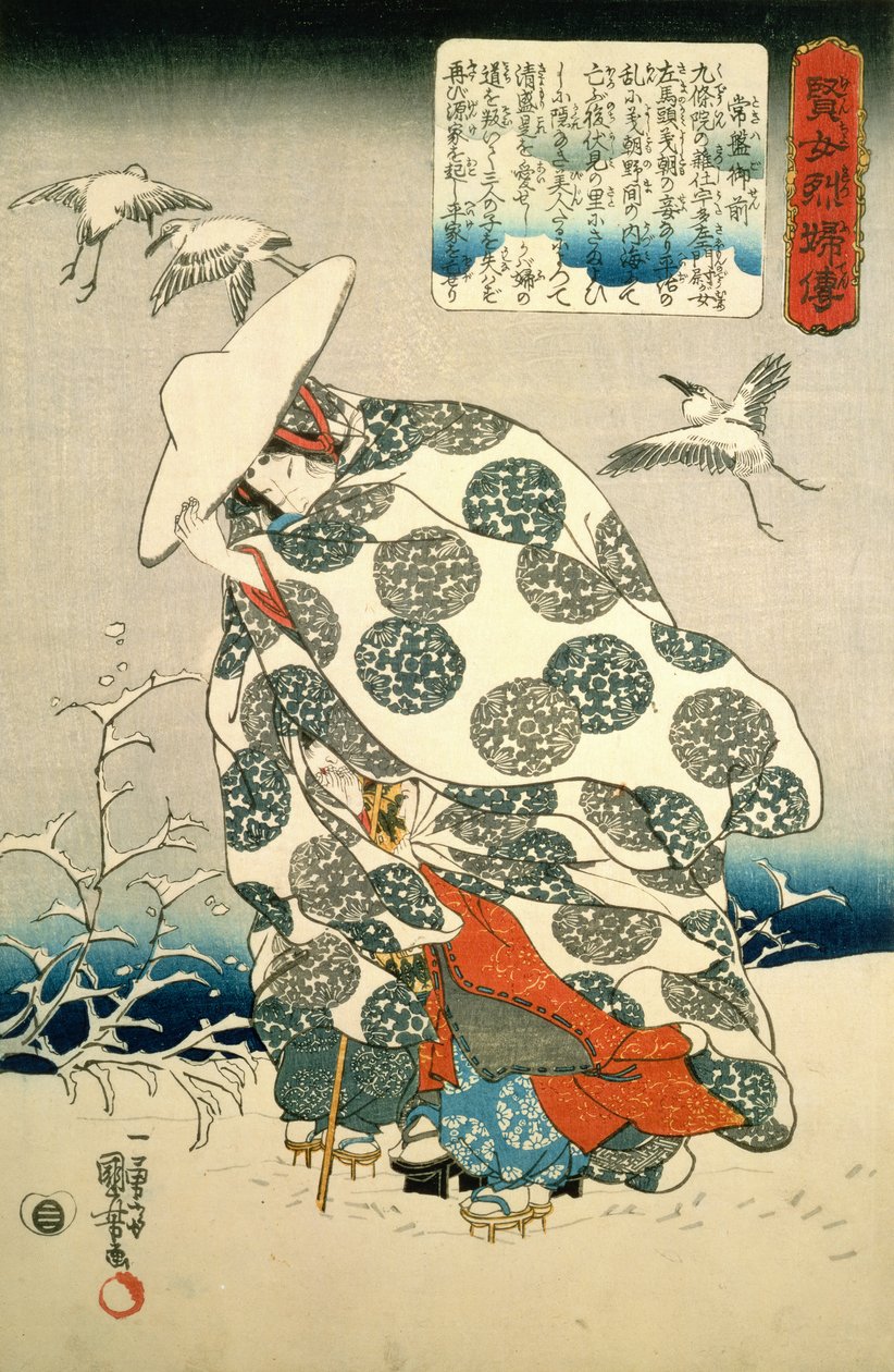 Tokiwa-Gozen z trójką dzieci na śniegu, publikacja ok. 1840, (odbitka barwna) autorstwa Utagawa Kuniyoshi