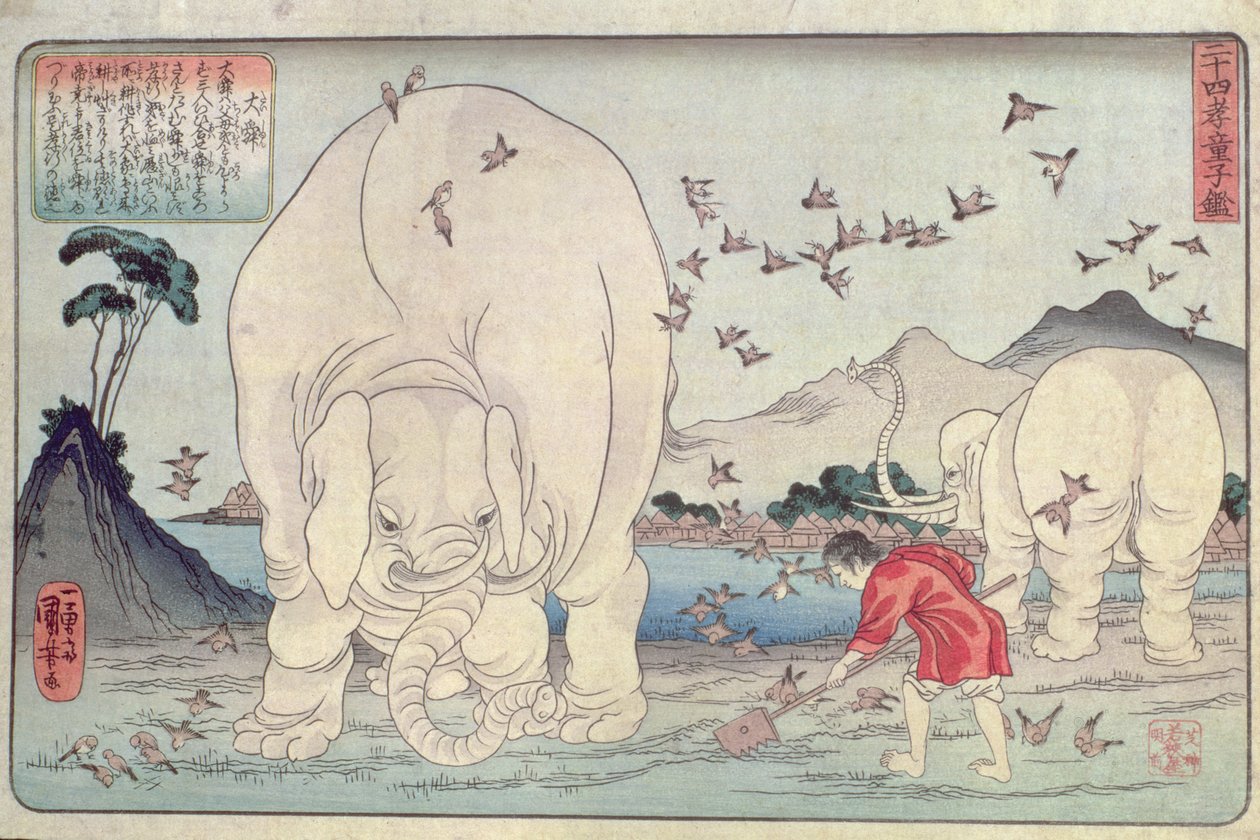 Dwadzieścia cztery paragony: Tai Shun i słonie, wyd. ok. 1830, (kolorowa odbitka drzeworytnicza) autorstwa Utagawa Kuniyoshi