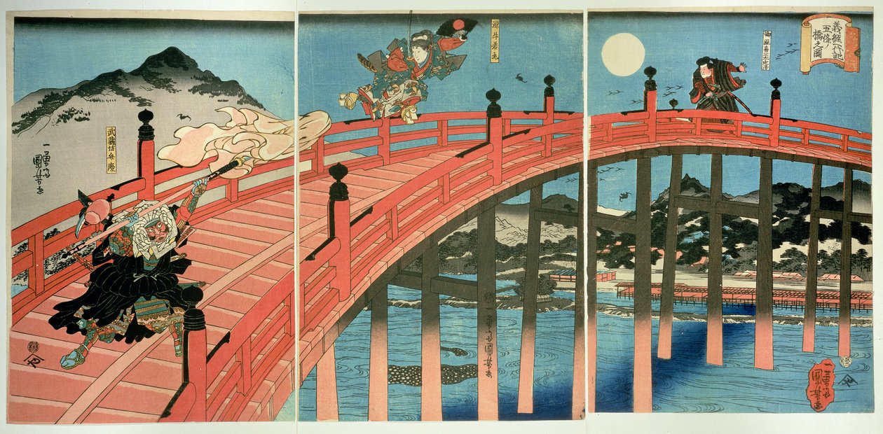 Ushiwaka i Benkei walczący na moście Gojo, opublikowane ok. 1839 (kolorowa odbitka drzeworytnicza) autorstwa Utagawa Kuniyoshi