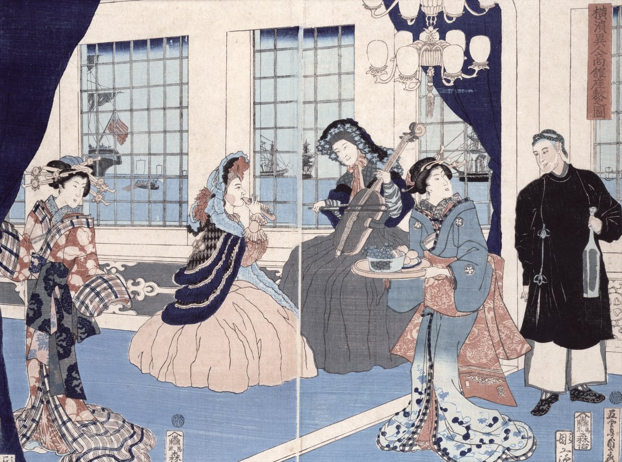 Salon domu kupców zagranicznych w Jokohamie, 1861 (kolorowy drzeworyt) autorstwa Utagawa Sadahide
