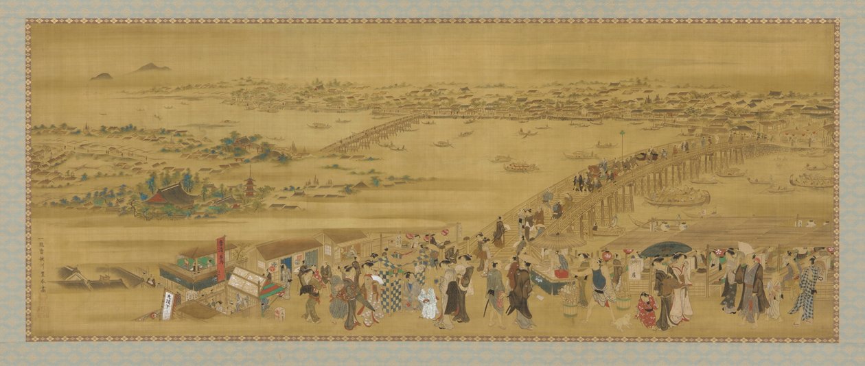 Most Ryogoku, okres Edo (kolor i złoto na jedwabiu) autorstwa Utagawa Toyoharu