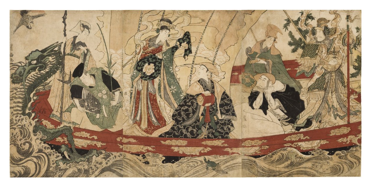 Aktorzy jako siedmiu bogów fortuny na statku skarbów, 1800-05 (drewnoblok) autorstwa Utagawa Toyokuni