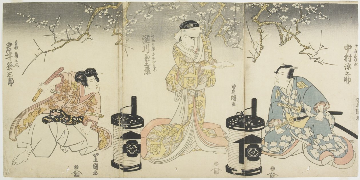Nakamura Gennosuke jako Suketsune, Segawa Kikunojo_ jako żona Suketsune, Iwai Hanshiro_ jako Hakuo_maru (Scena sztuki Kabuki opartej na historii braci Soga), koniec XVIII i początek XIX wieku autorstwa Utagawa Toyokuni