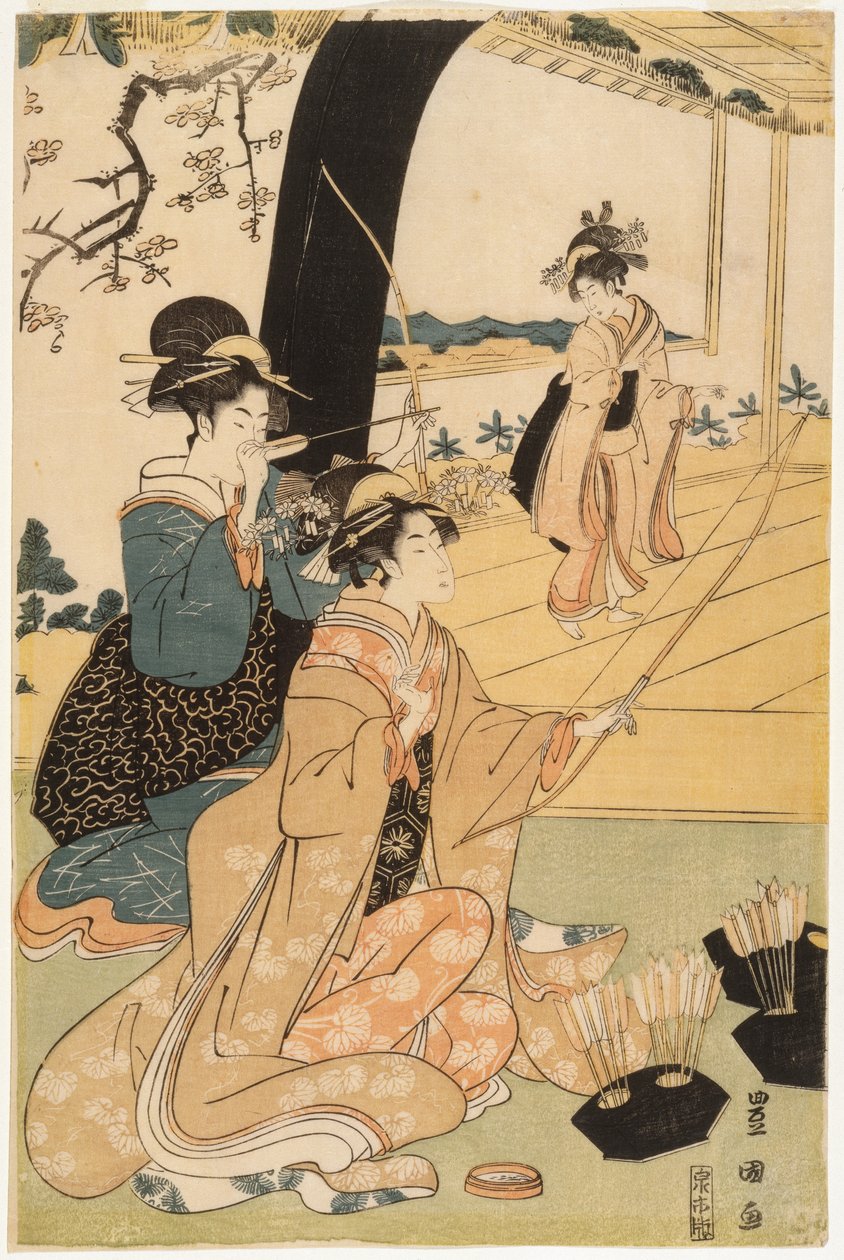 Młody samuraj i asystentki ćwiczące łucznictwo, połowa dyptyku, ok. 1800 (kolorowy drzeworyt) (para do 499359) autorstwa Utagawa Toyokuni