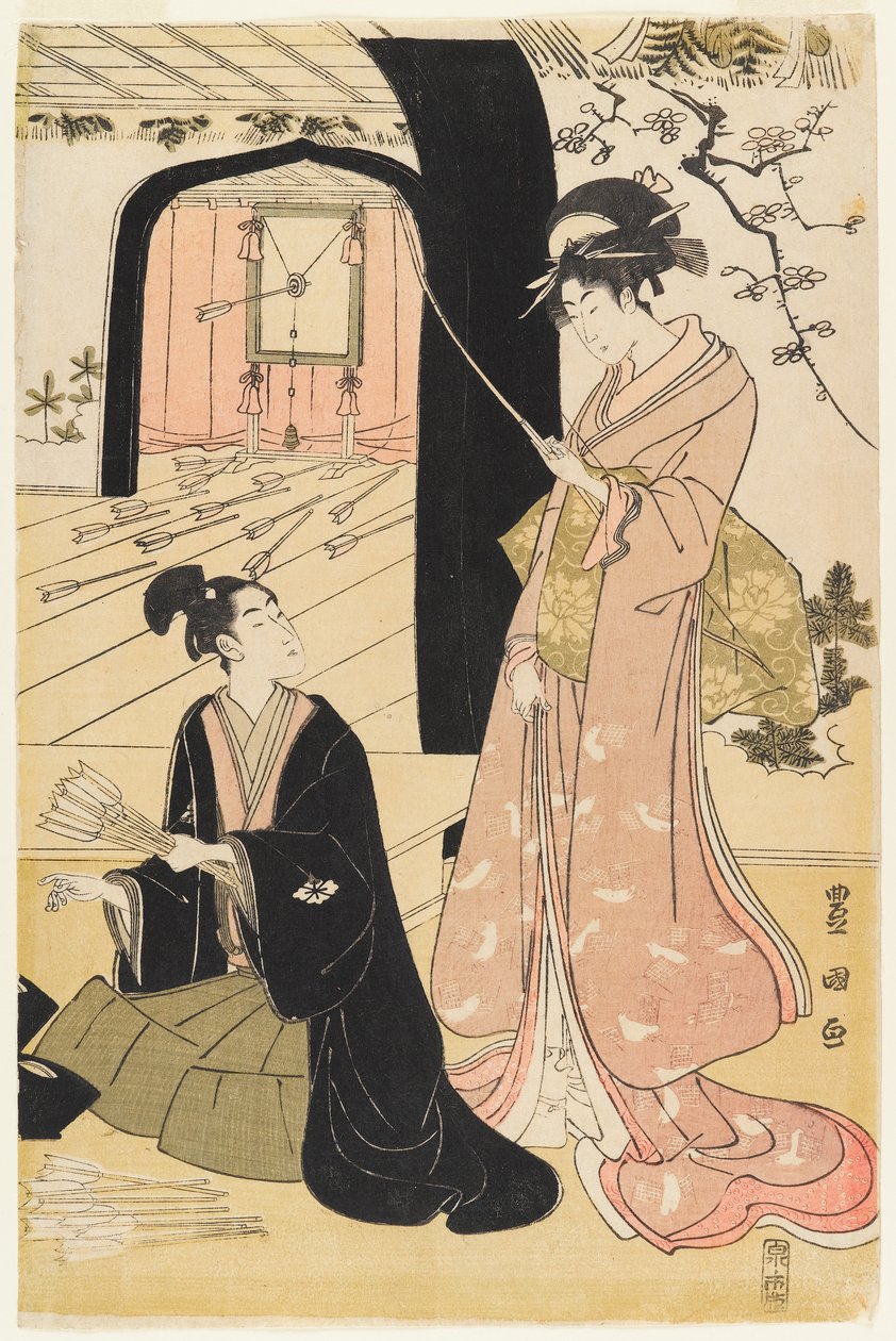 Młody samuraj i asystentki ćwiczące łucznictwo, połowa dyptyku, ok. 1800 (kolorowy drzeworyt) (para do 499358) autorstwa Utagawa Toyokuni