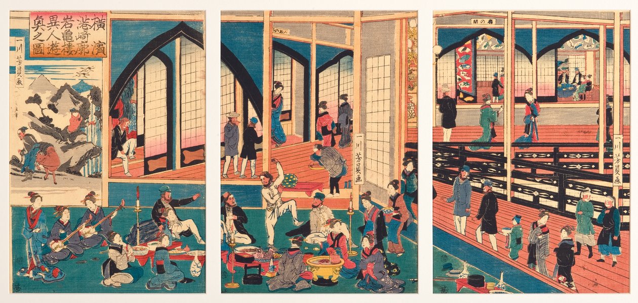 Cudzoziemcy przyjmowani w Gankiro w Miyosaki w Jokohamie, styczeń 1861 (drewniak) autorstwa Utagawa Yoshikazu