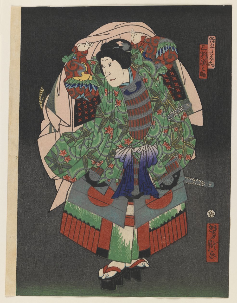 The Osaka Kabuki Actor Gennosuke III, 1868 (kolorowy drzeworyt ze srebrem i mosiądzem na papierze) autorstwa Utagawa Yoshitaki
