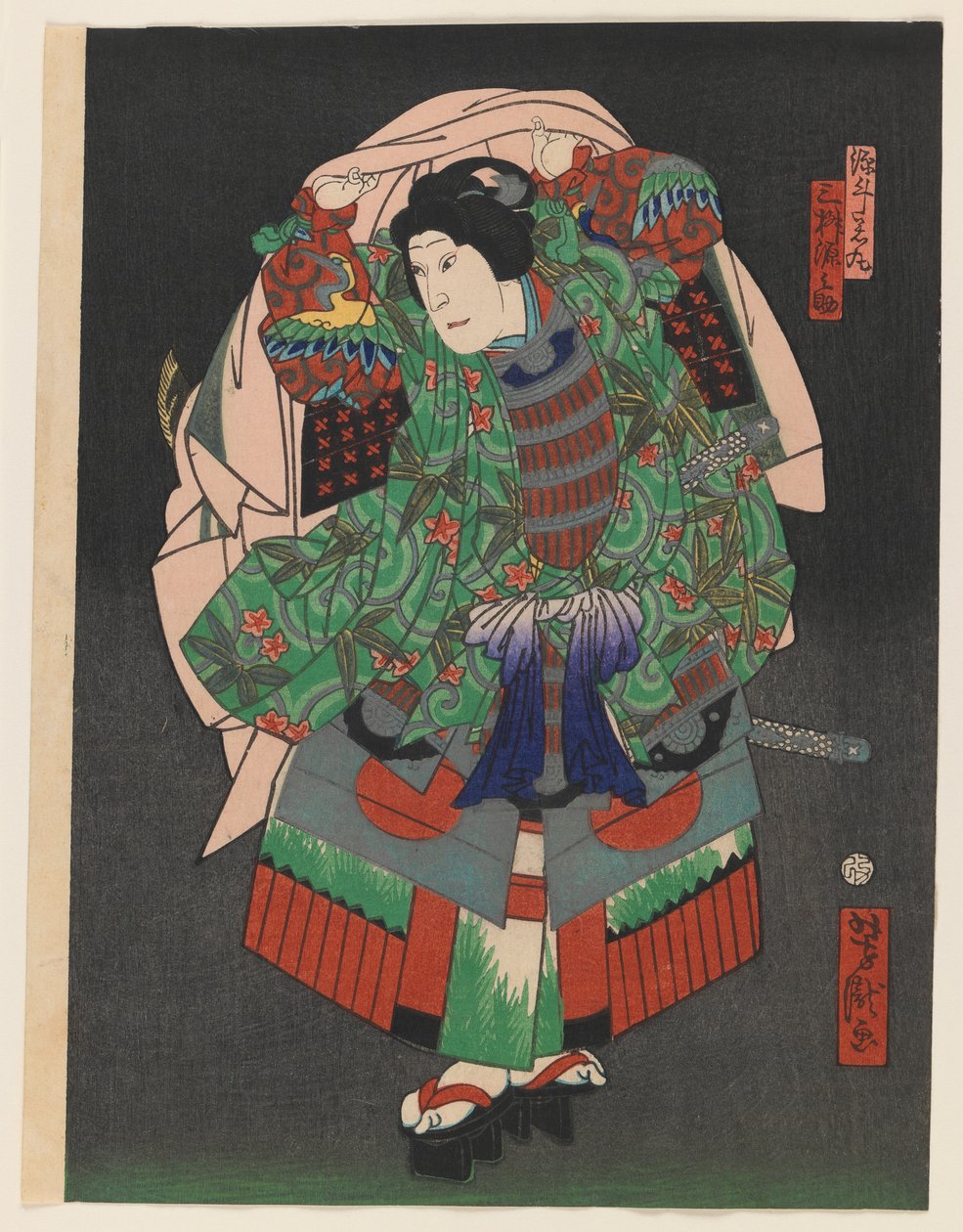 Osaka Kabuki Aktor Gennosuke III, ok. 1860 (kolorowy nadruk w drewnie ze srebrem i mosiądzem) autorstwa Utagawa Yoshitaki